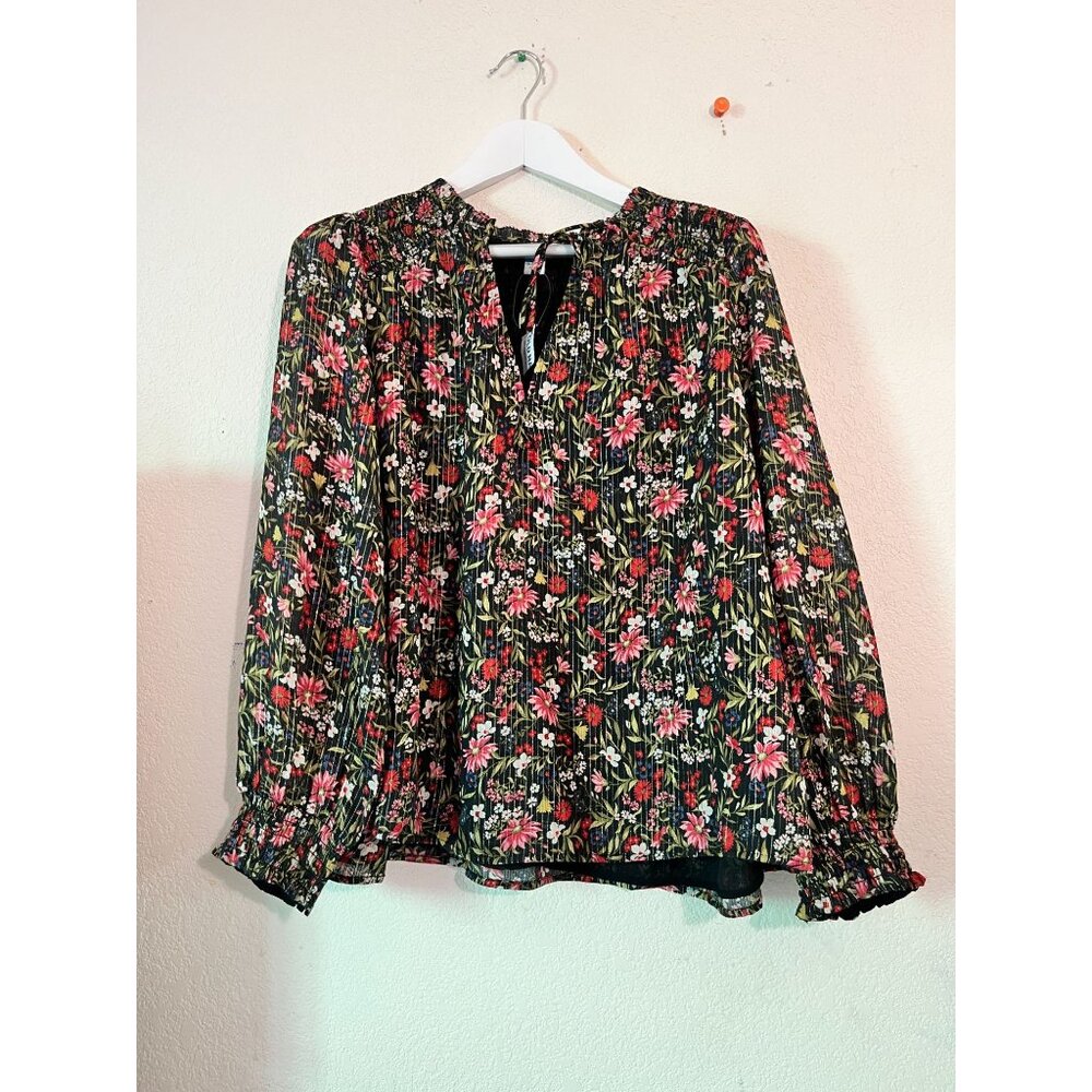 Old Navy Womens Black Floral Long Sleeve Smocked Blouse Top XL Tie-Neck Boho New